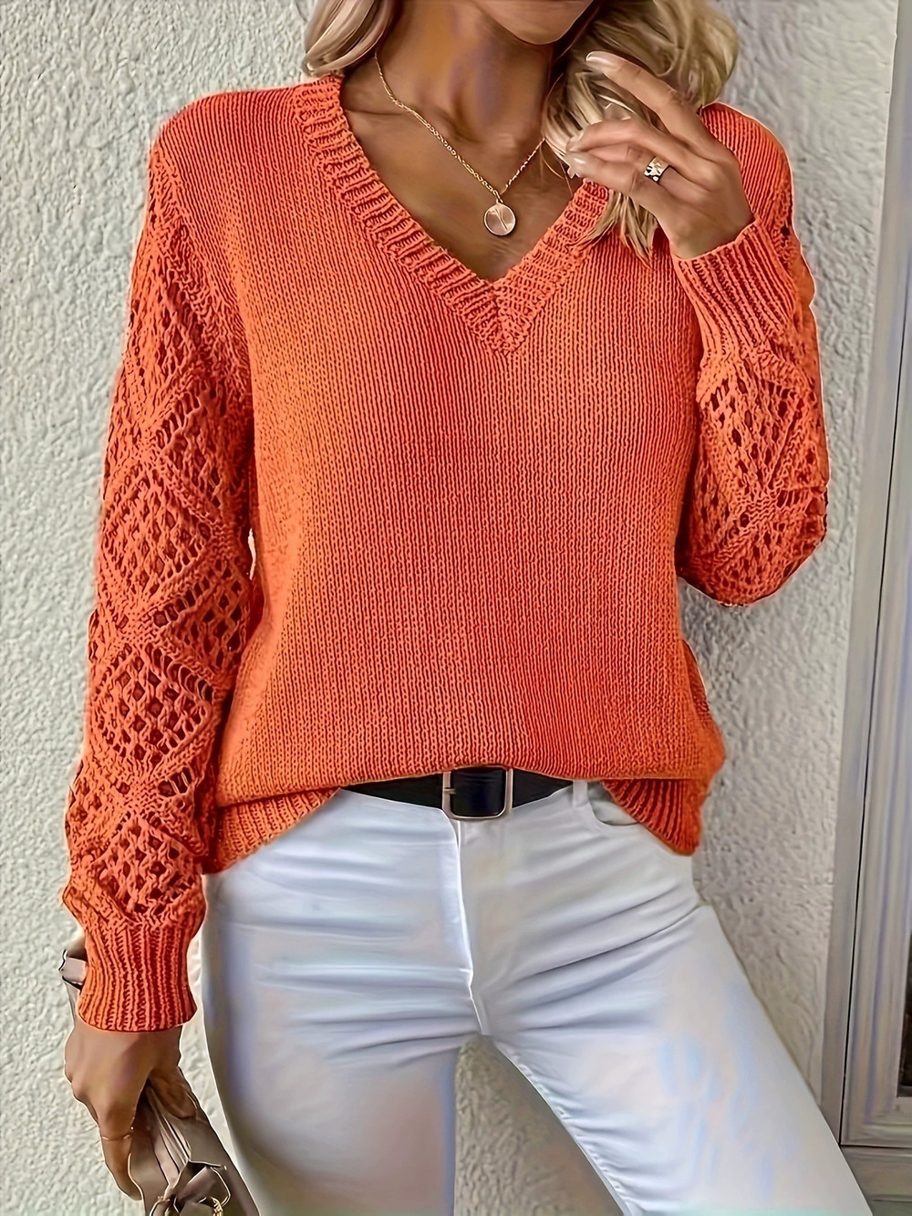 ZARA Loose Openwork Knit Pullover Long Sleeve Collared Sweater